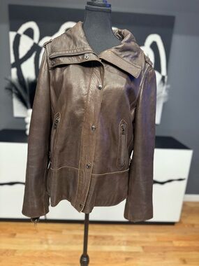 Andrew Marc NY Brown Leather Jacket Womens XL High Collar Zip Y2K Classic